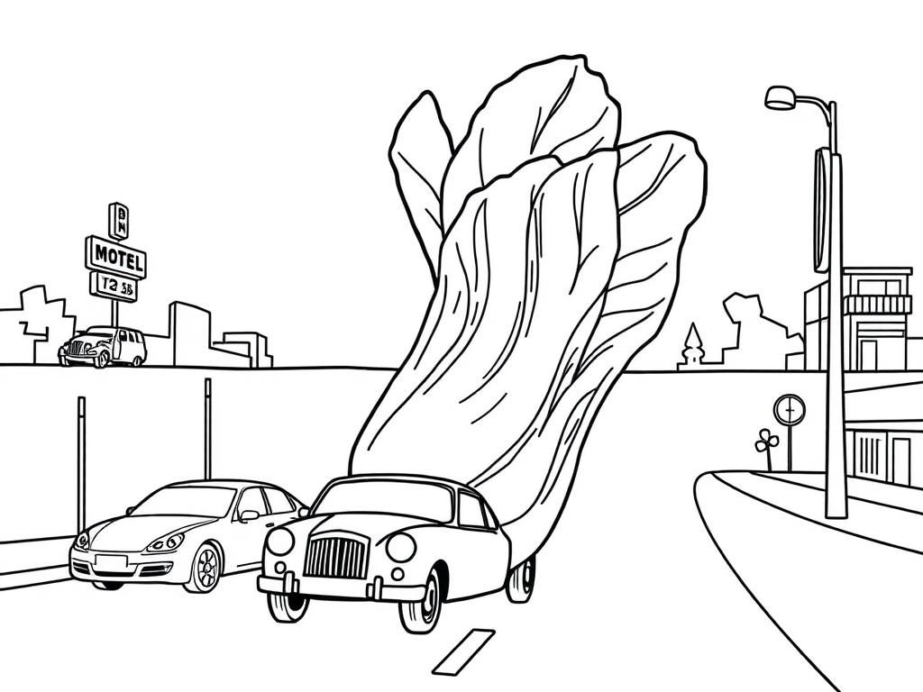 Preview of a giant belgian endive and ART STRIKE written on-road-panel with-motel-cars and