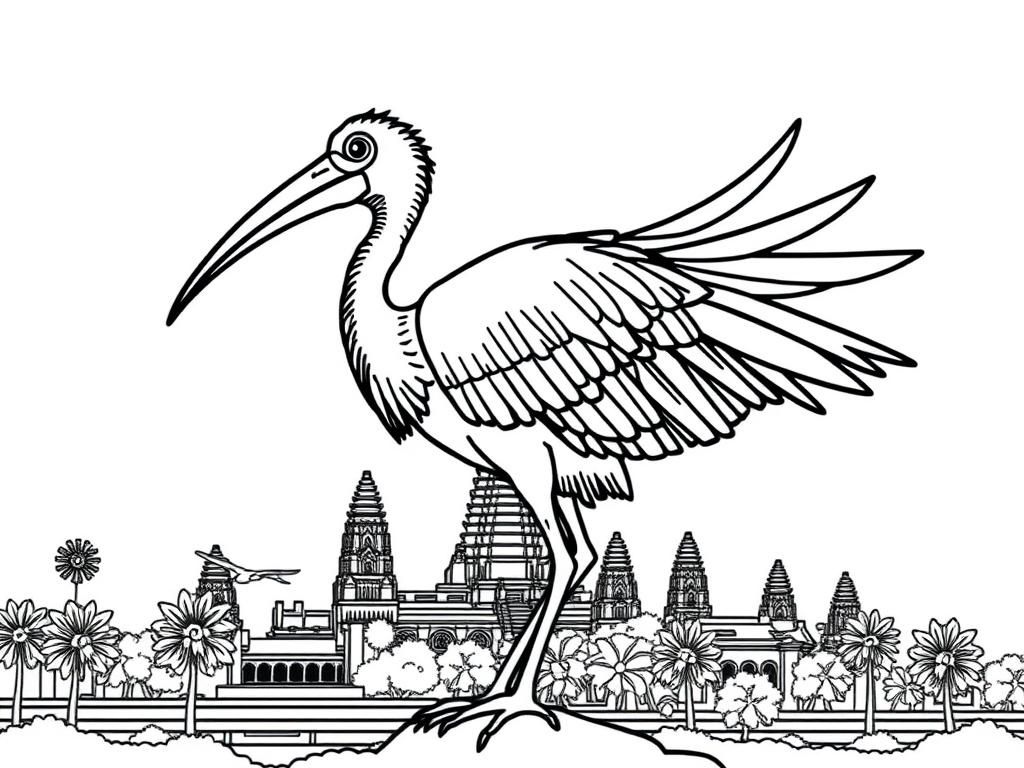 a giant ibis bird flying over angkor wat