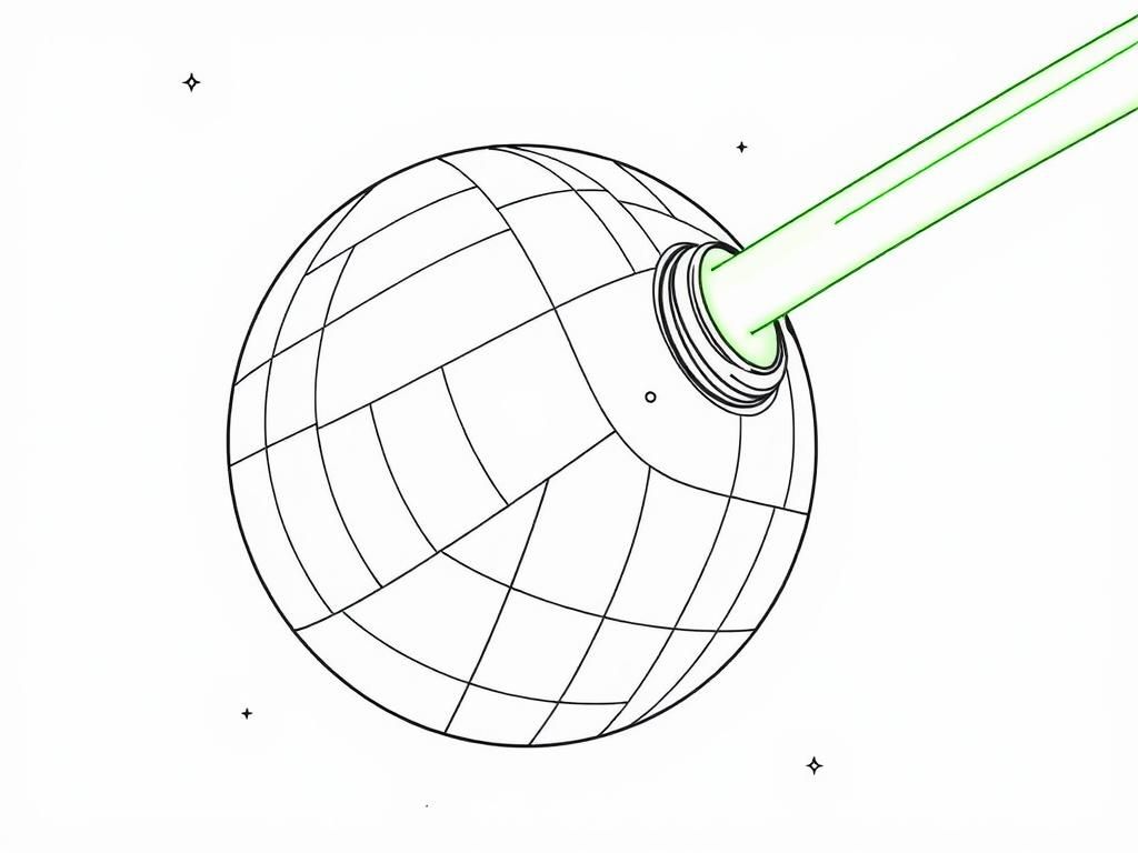 A giant metal sphere in space with a gargantuan green laser firing from it