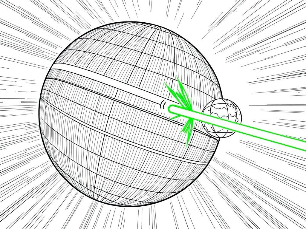 A giant metal sphere with lines all over in space with a gargantuan green laser firing from it at a planet smaller than it