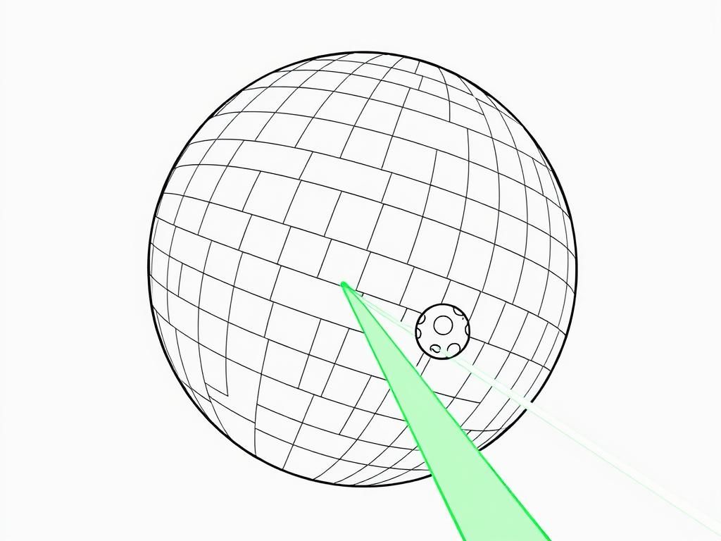 A giant metal sphere with lines all over in space with a gargantuan green laser firing from it at a planet that is far away and smaller than it