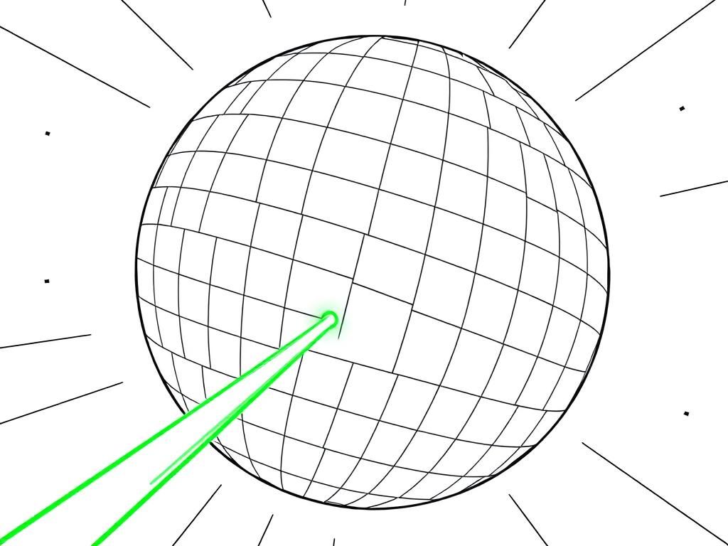 A giant metal sphere with lines all over in space with a gargantuan green laser firing from it