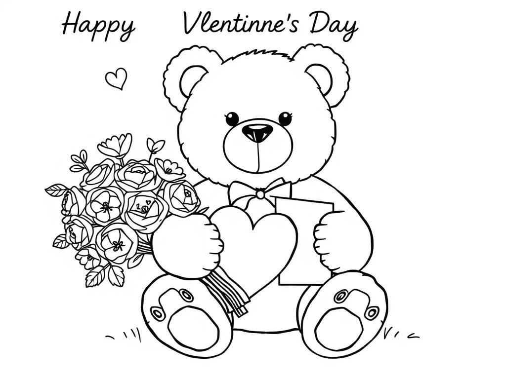 A giant teddy bear holding a bouquet of flowers and a love note, a fun Valentines Day coloring page for kids and adults