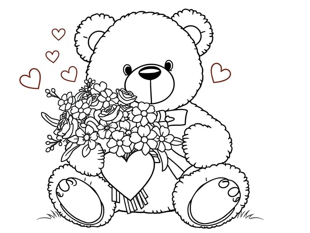 A giant teddy bear holding a bouquet of flowers and a love note, a fun Valentines Day coloring page for kids and adults. - Valentines Day Coloring Page