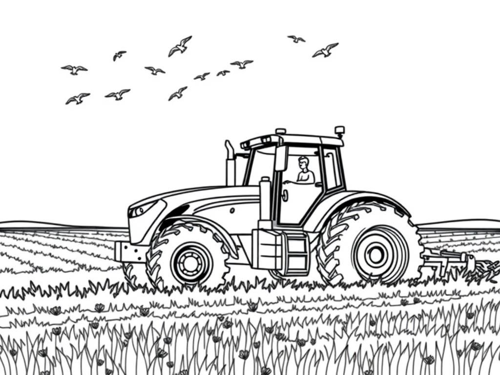 Preview of A giant tractor plowing through a field with birds flying overhead