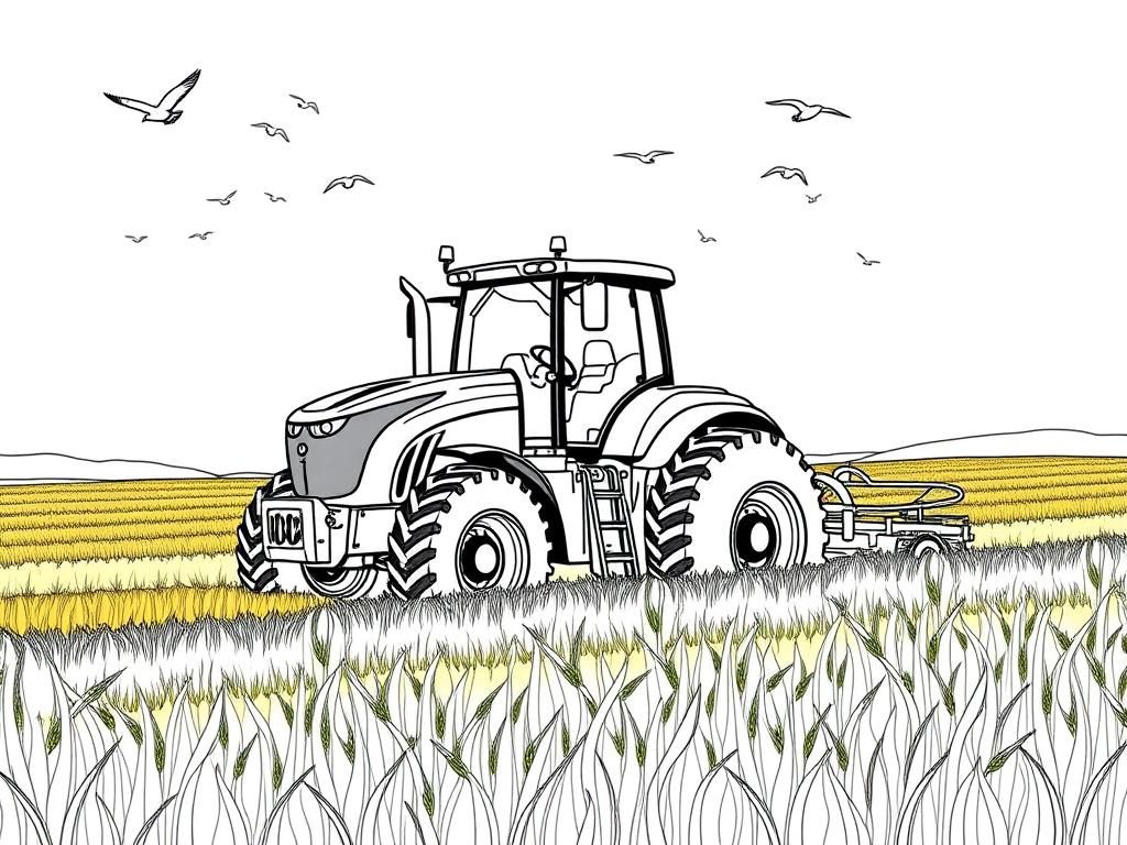 Preview of A giant tractor plowing through a golden wheat field with birds flying overhead