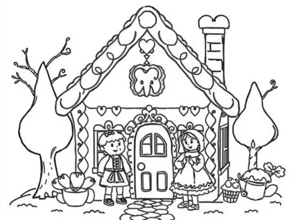 Preview of A gingerbread house and in front of it stand Hansel and Gretel and from the house peeps a granny who looks like a grandmother and has a tooth