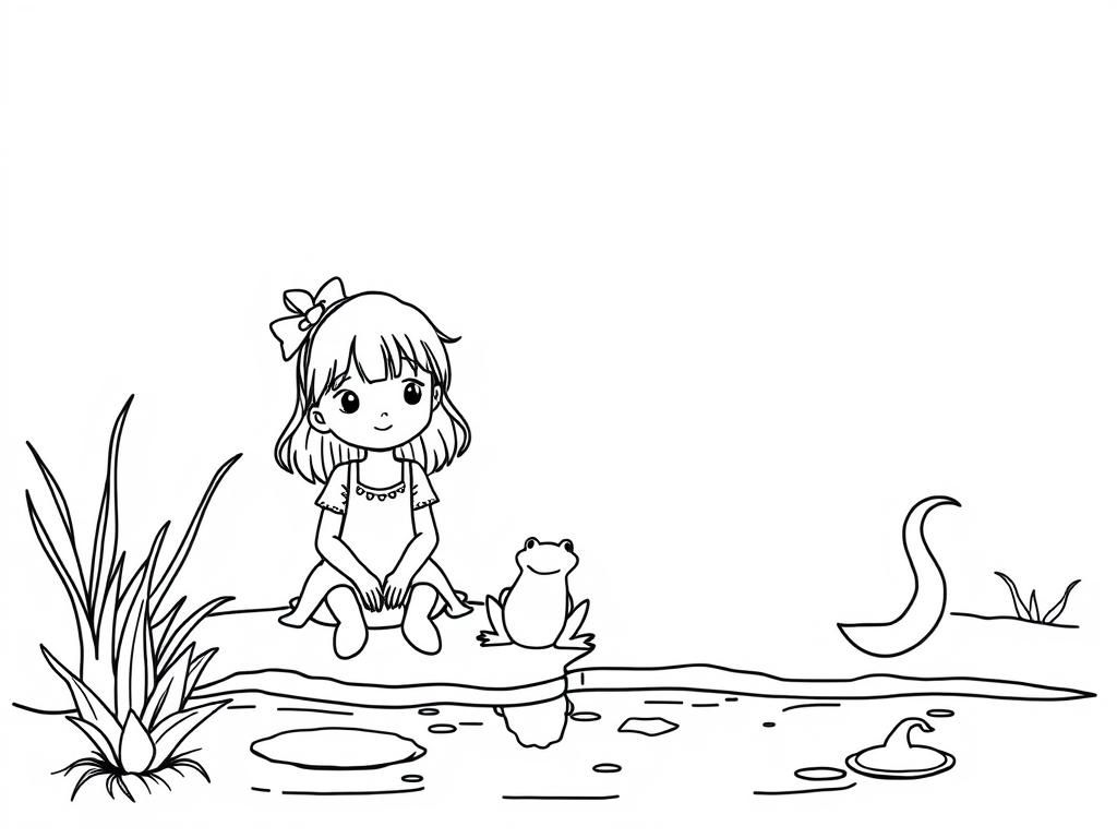 A girl, frog, and dog are sitting by the edge of a pond