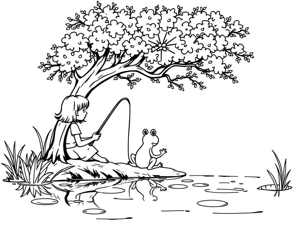 "A girl, frog and dog are sitting under a tree at the edge of a pond while fishing"