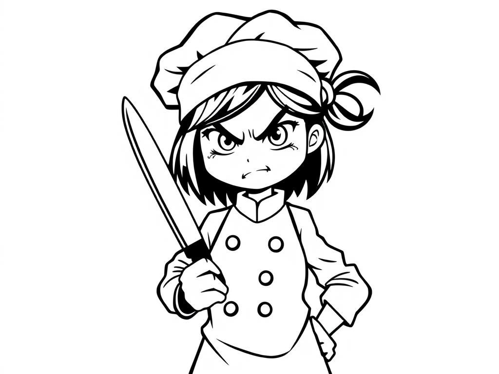 a girl in a chef attire holding a knife with angry face - Free Printable Coloring Page