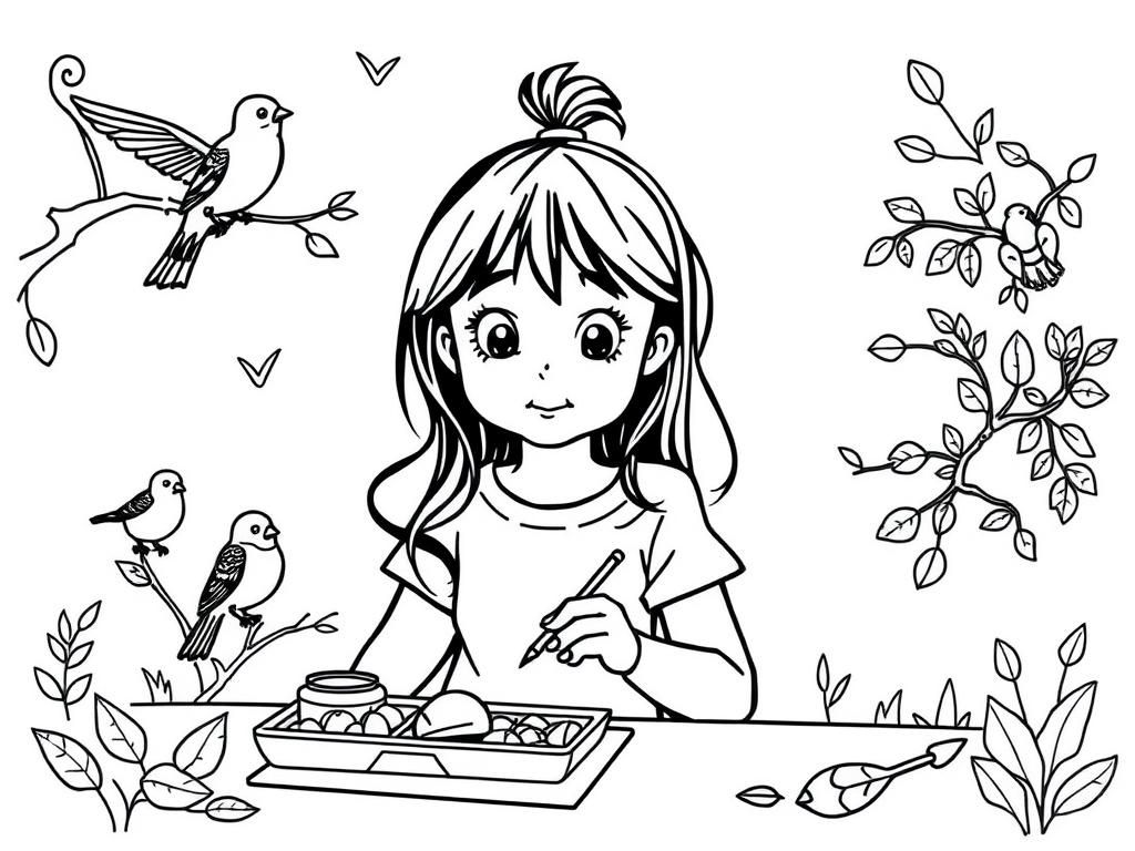 Preview of a girl named mireya coloring and watching birds outside and eating a lunchable