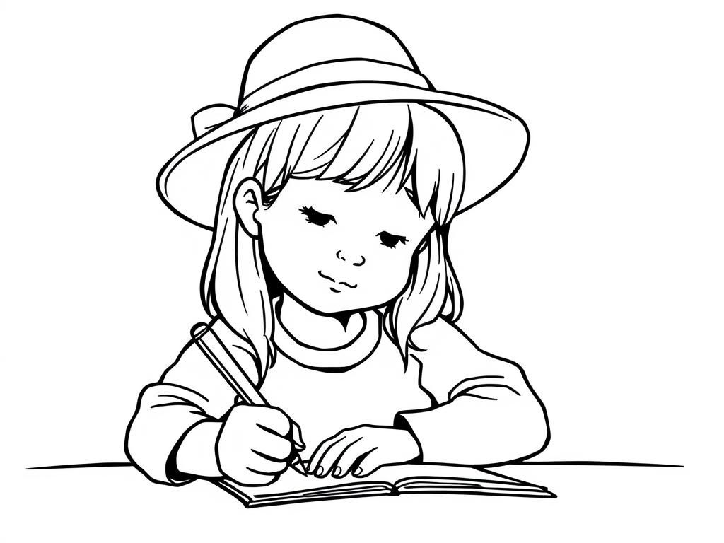 A girl with a hat on writing with her right hand - Free Printable Coloring Page