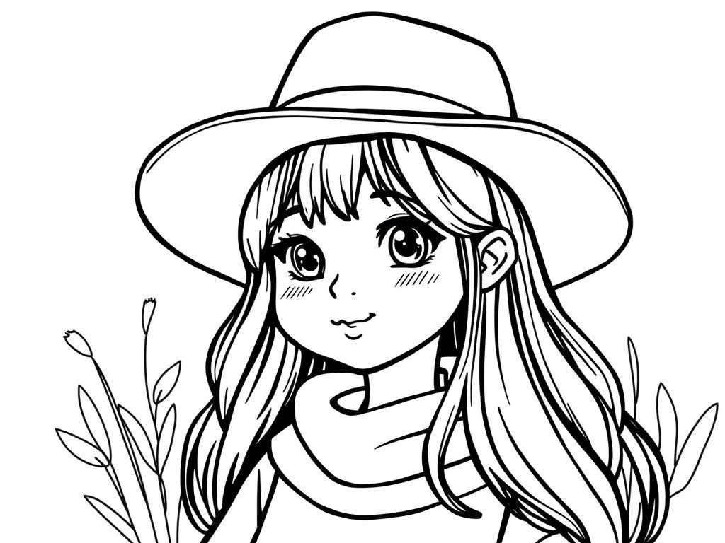 Anime Girl with Hat Coloring Page