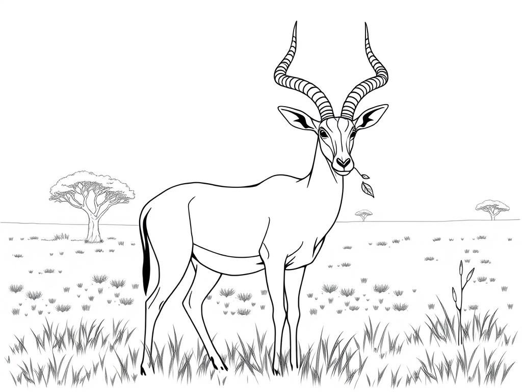 "A graceful kudu with spiral horns, holding a tiny leaf, standing in a grassy field. Background: a soft pastel savanna with acacia trees." - Free Printable Coloring Page