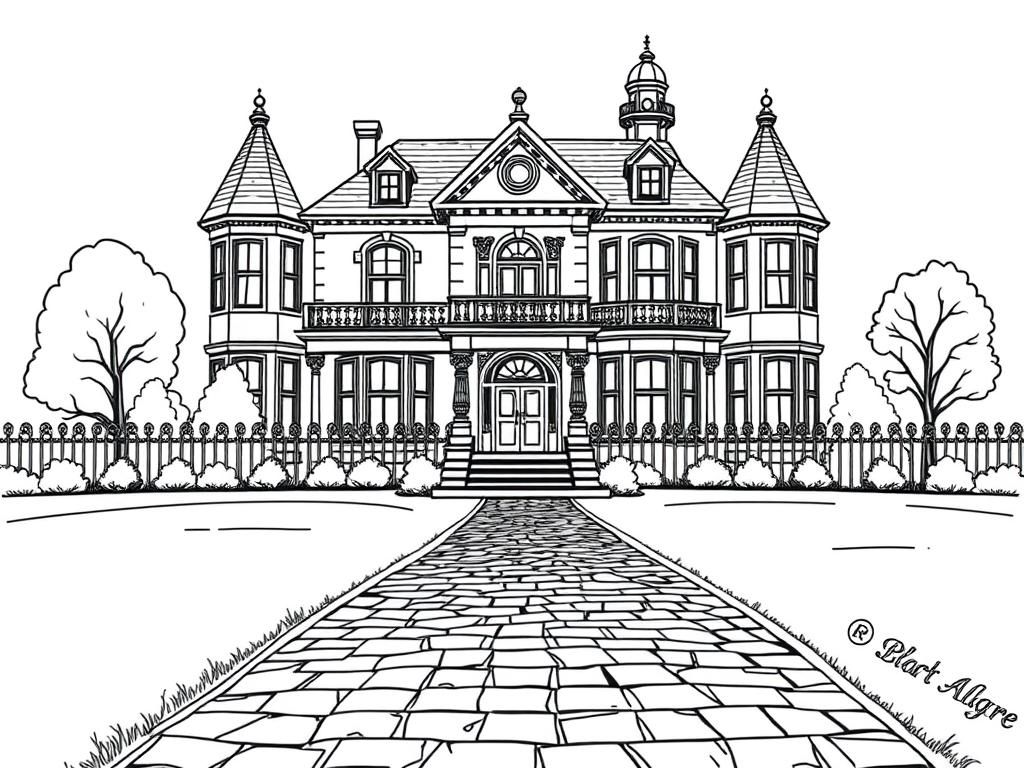 Preview of a grand victorian style home with a fence and a cobblestone path that leads to the house