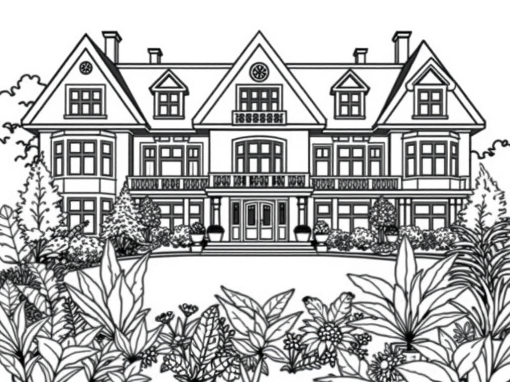 Preview of a grden with lots of plants in the front of a huge house