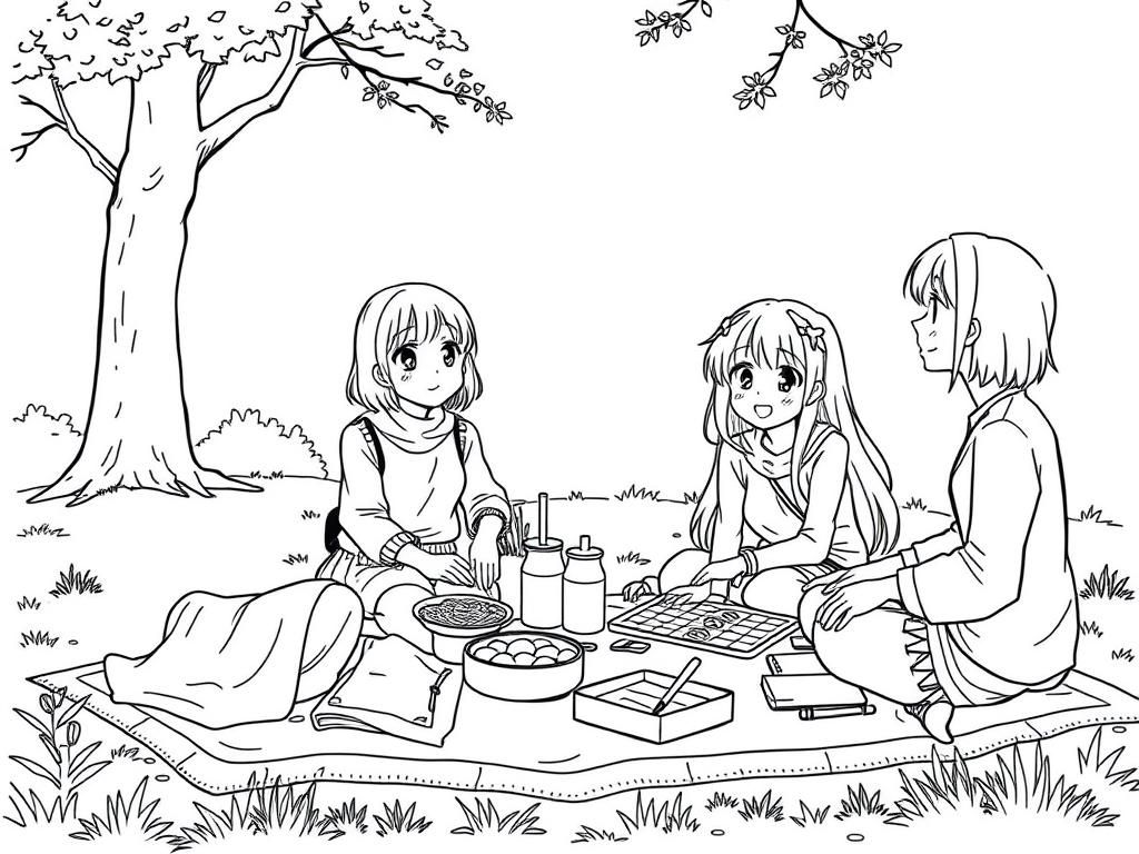 Anime Girls' Picnic Coloring Page