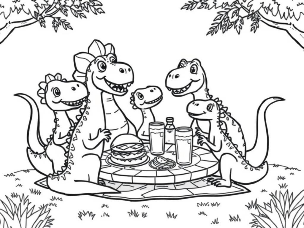 Preview of A group of dinosaurs having a picnic with sandwiches and lemonade.