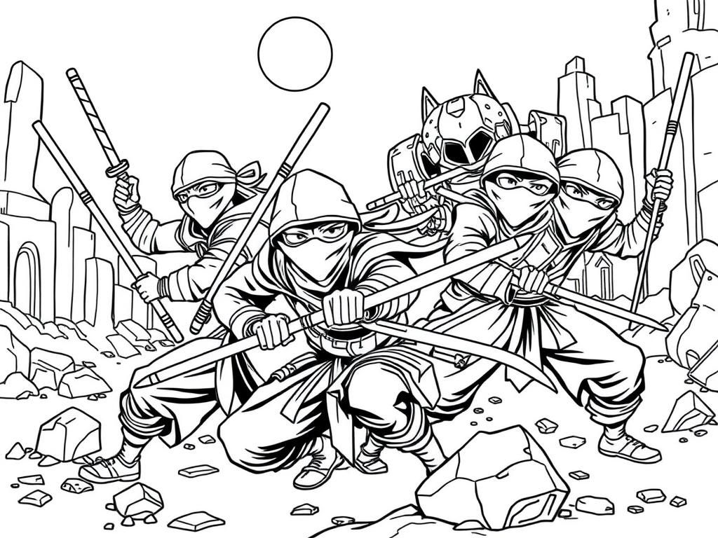 A group of ninjas wielding various ninja weapons, fighting robots from the earths core, in the ruins of an old city. - Free Printable Coloring Page