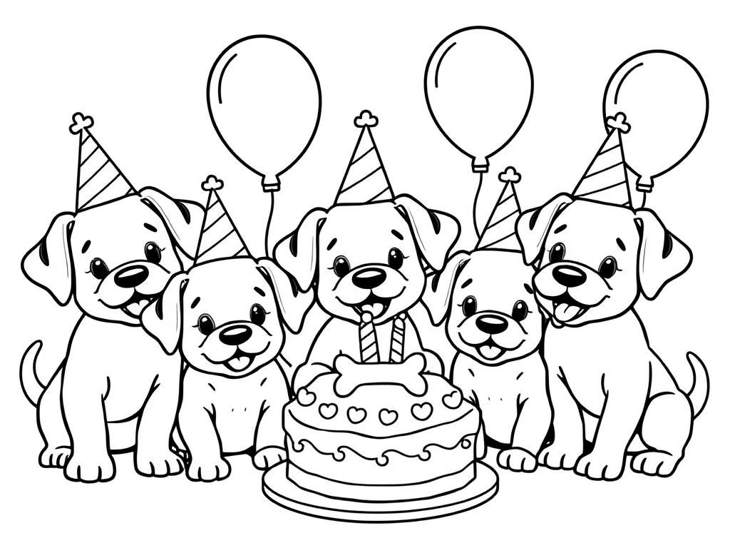 Preview of A group of puppies having a birthday party with balloons, party hats, and a bone-shaped cake