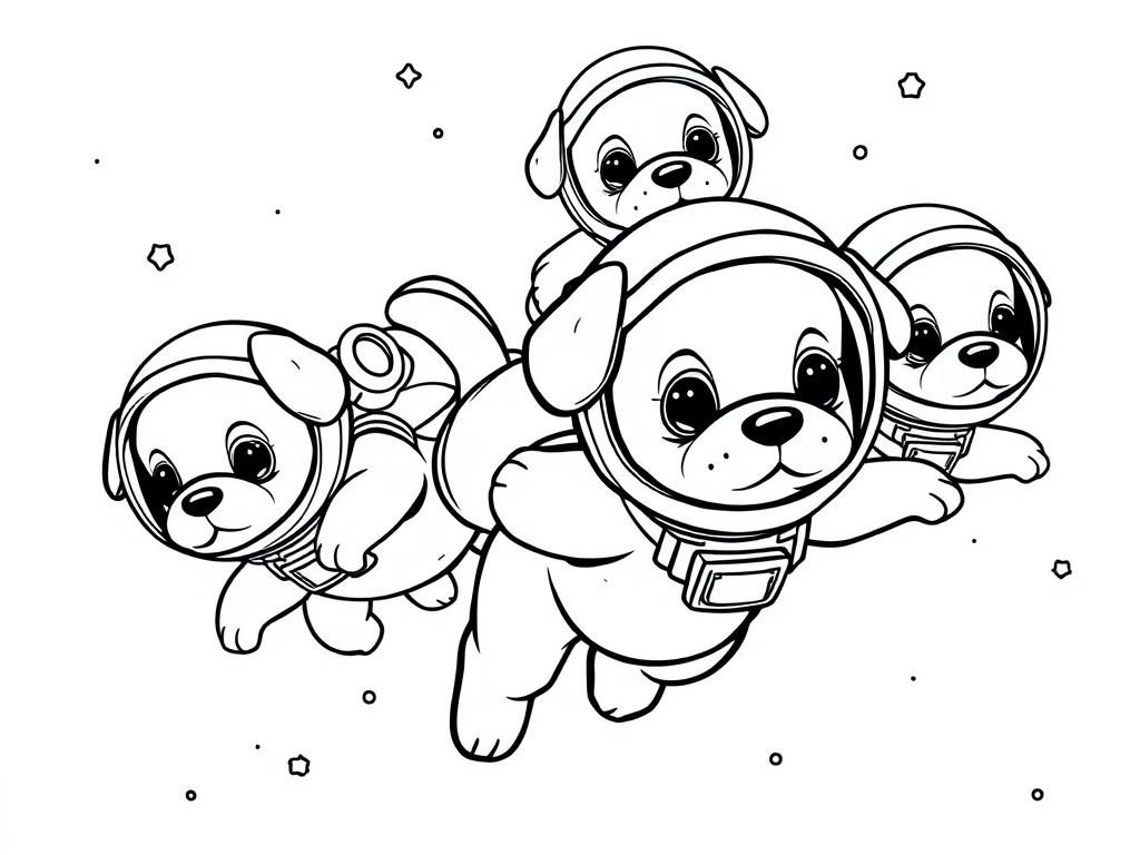 Preview of A group of space puppies floating in zero gravity, wearing tiny astronaut helmets