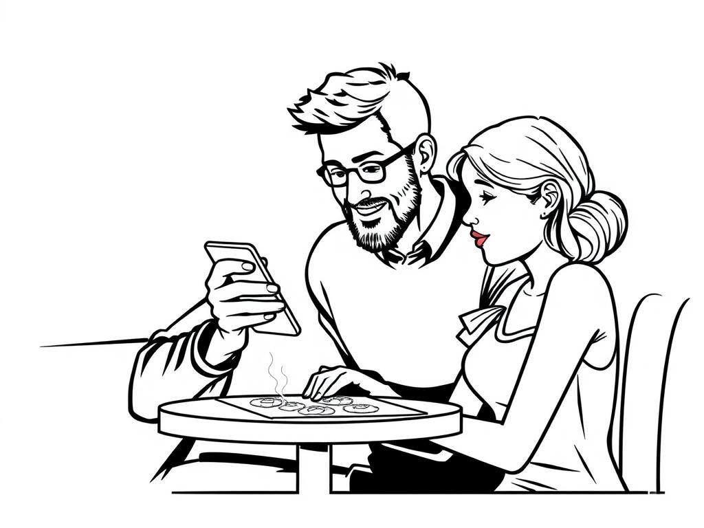 A guy showing his sister a cool app that generates drawing pages from an AI prompt, while sitting at a diner booth.