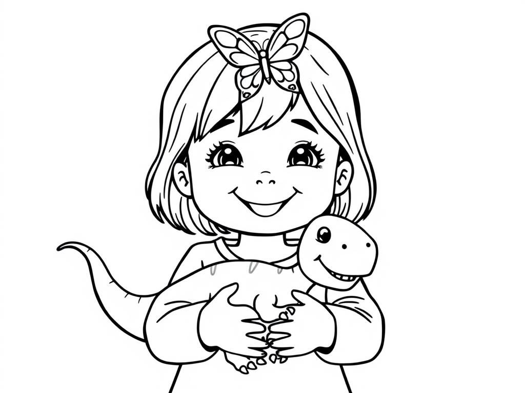 Preview of A Happy 3.5 year old caucasian girl holding a small smiling brontosaurus in her hands. There is a small smiling butterfly sitting ON her head