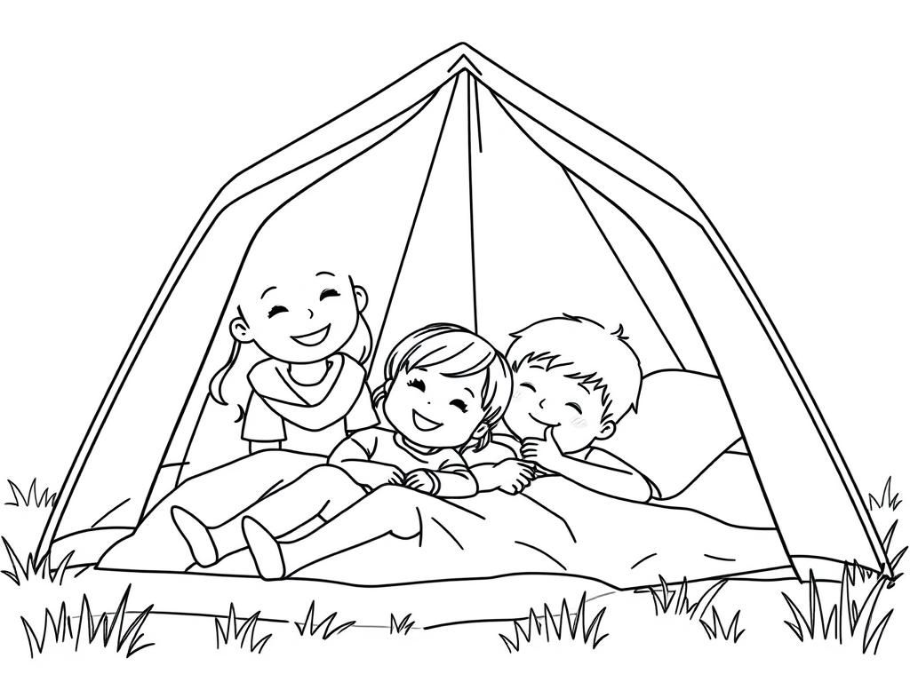 a Happy 3,5 year old caucasian girl, with her 2 year old Male friend and dad sleeping in a tent