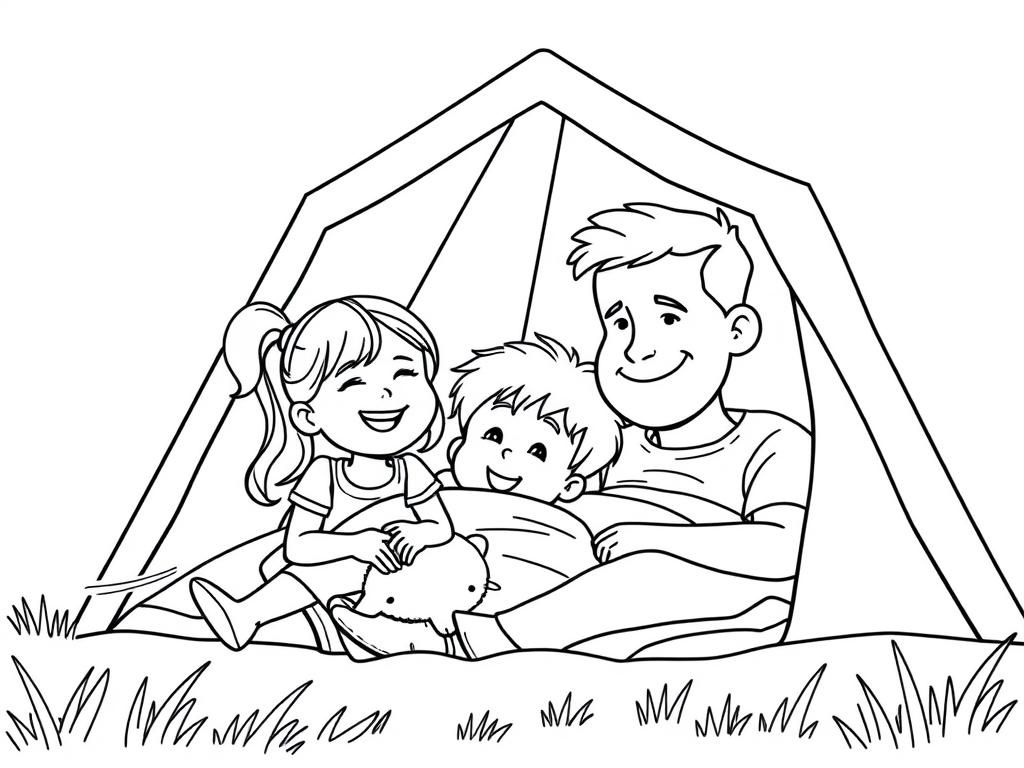 Preview of a Happy 3,5 year old caucasian girl, with her 2 year old Male friend and dad sleeping in a tent