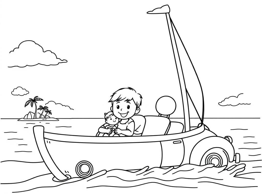 a Happy 3,5 year old caucasian girl, with her baby Brother and parents in a car that has a mast and sail, sailing towards a small island