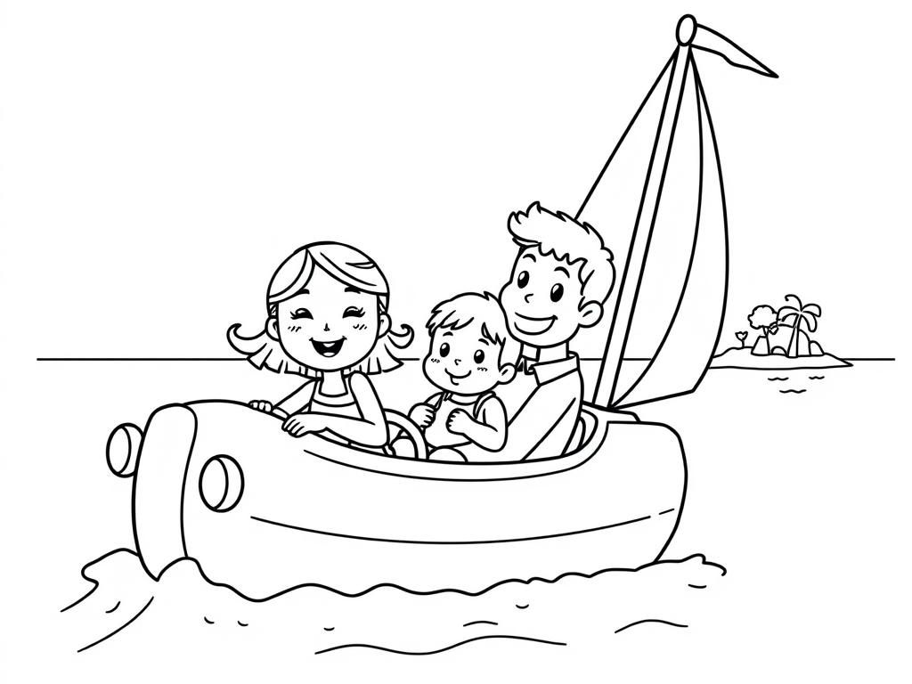 Preview of a Happy 3,5 year old caucasian girl, with her baby Brother and parents in a car that has a mast and sail, sailing towards a small island