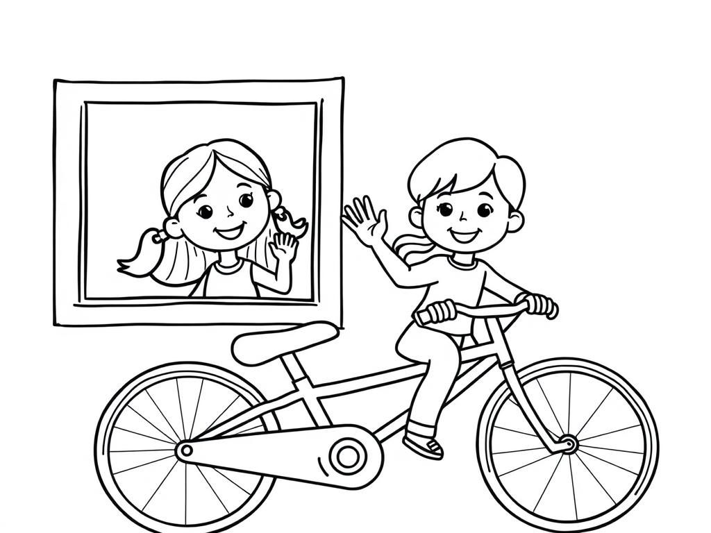 A Happy 3.5 year old girl waving to her dad, WHO IS driving a bicycle after he dropped her Off at Kindergarten. Girl is behind a window