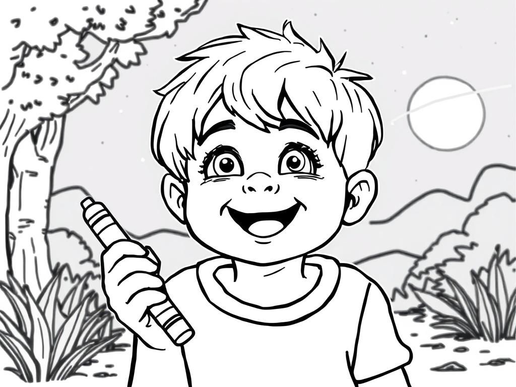 a happy child holding a crayon coloring their own eyes in an outdoor scene at night