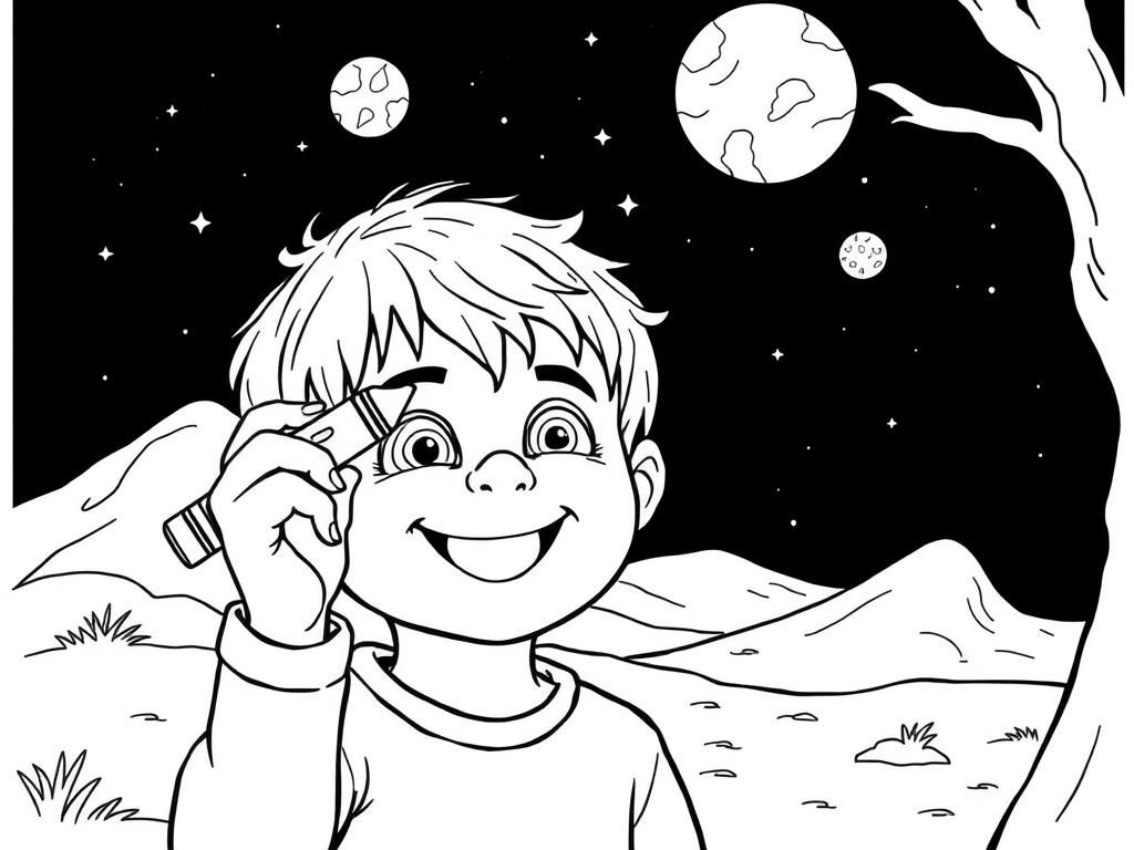 Preview of a happy child holding a crayon coloring their own eyes in an outdoor scene at night on venus