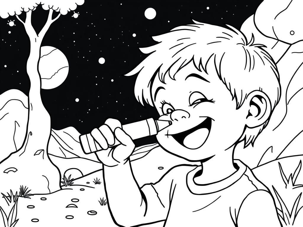 Preview of a happy child stabbing a crayon deeply into their eye in an outdoor scene at night on venus