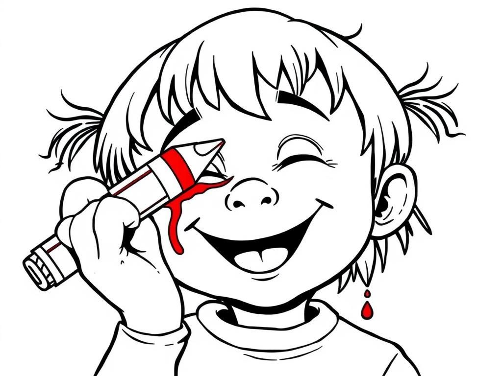 a happy child stabbing a crayon deeply into their eye with blood running out of their ears