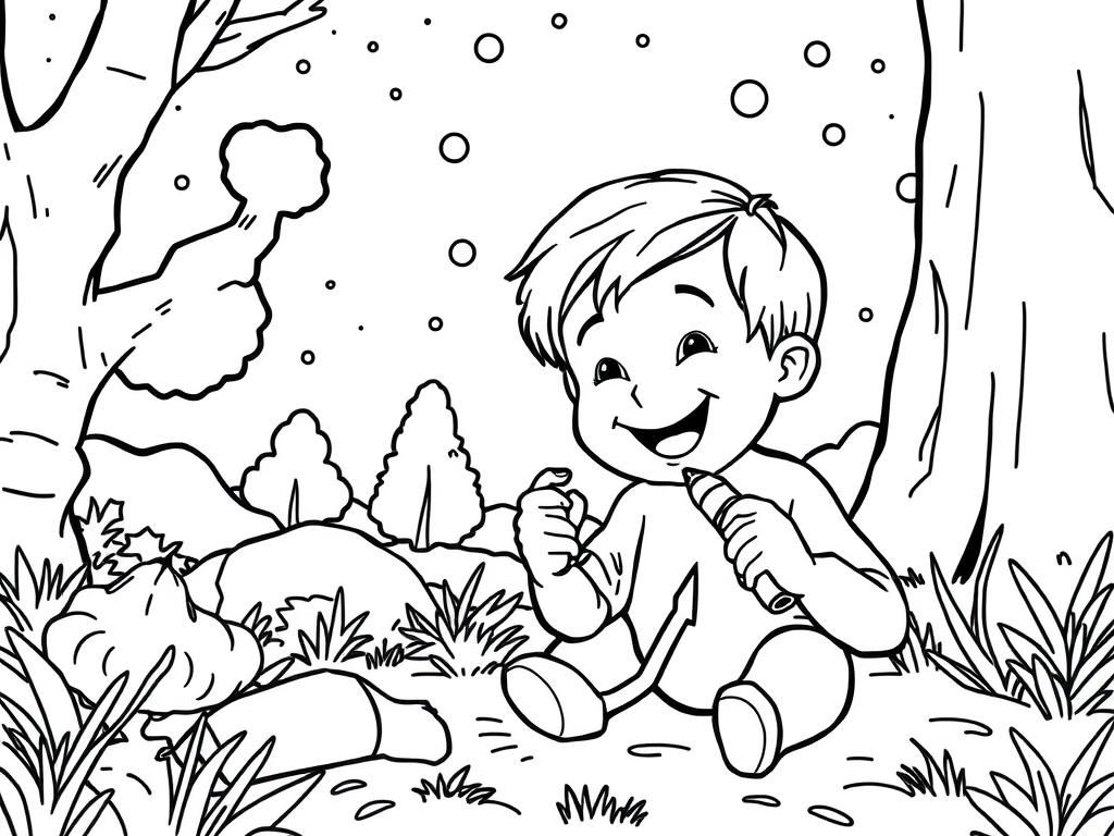 a happy child using a crayon to color a spleen in an outdoor scene at night