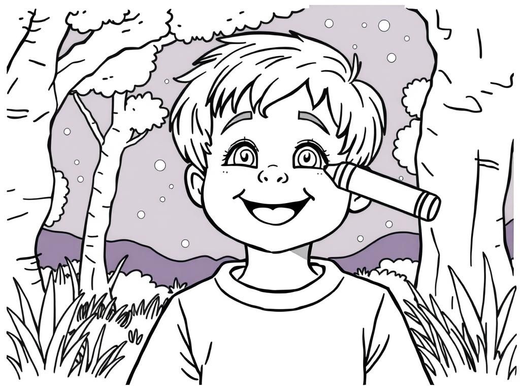 a happy child using a crayon to color their eyes in an outdoor scene at night