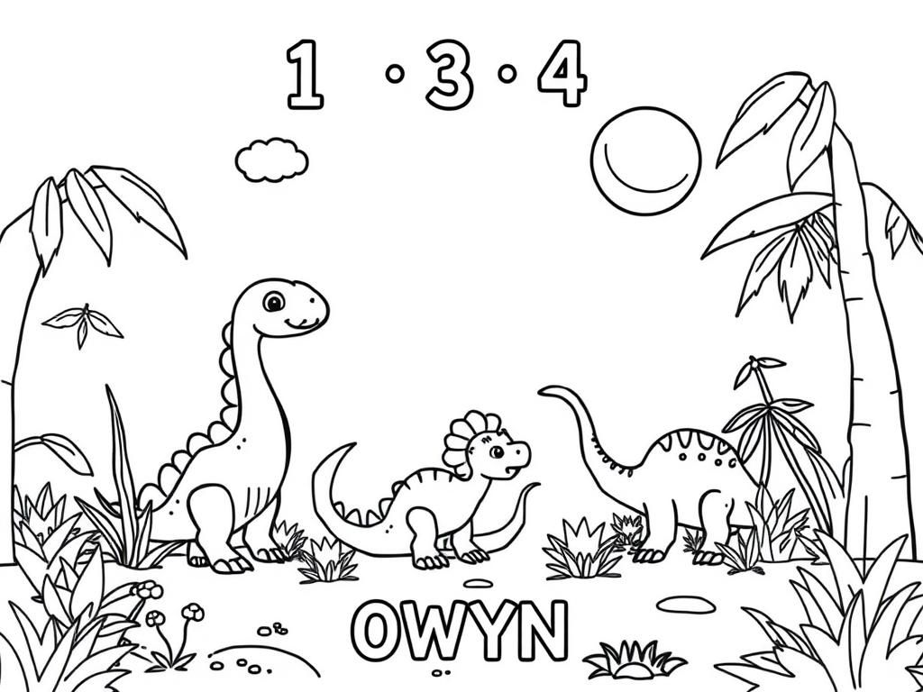 Preview of a happy place with dinosaurs and at the top the text "1 2 3 4" and at the bottom the text "OWYN"