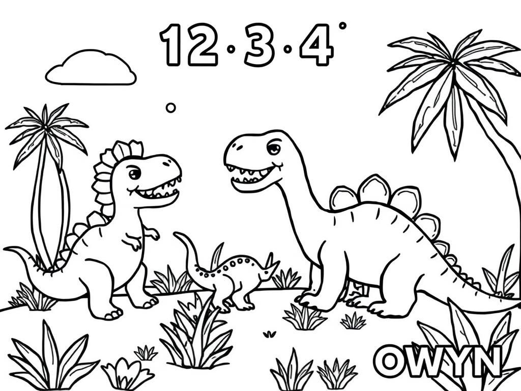 Preview of a happy place with dinosaurs and at the top the text "1 2 3 4" and at the bottom the text "OWYN"