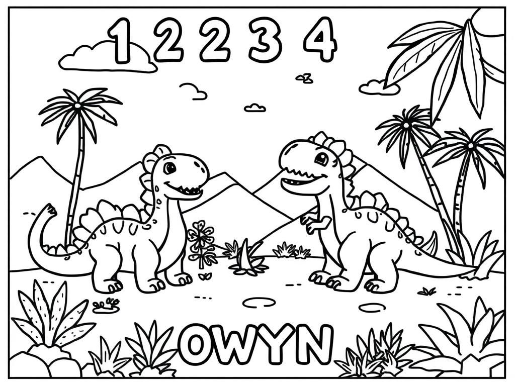 Preview of a happy place with dinosaurs and at the top the text "1 2 3 4" and at the bottom the text "OWYN"