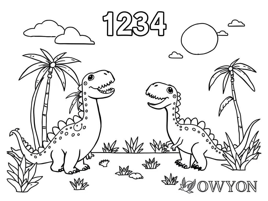 Preview of a happy place with dinosaurs and at the top the text "1234" and at the bottom the text "OWYN"