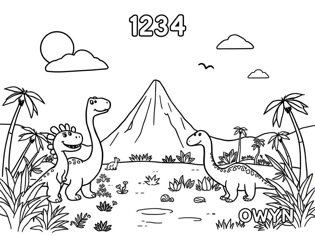 Preview of a happy place with dinosaurs and at the top the text "1234" and at the bottom the text "OWYN"