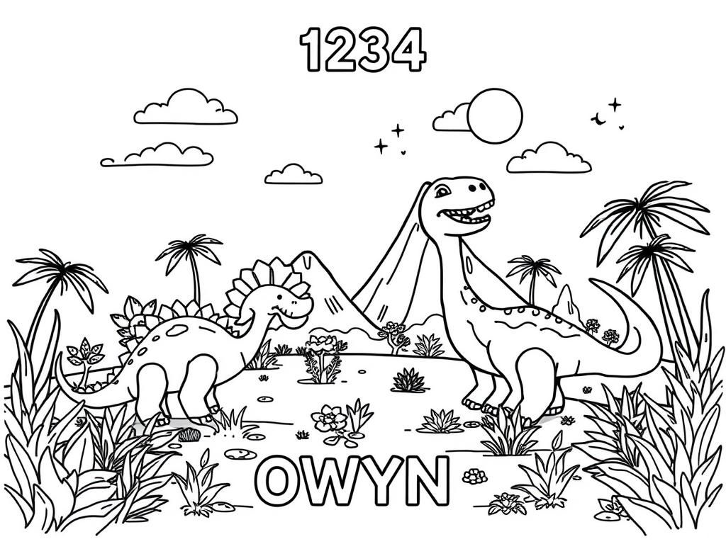 Preview of a happy place with dinosaurs and at the top the text "1234" and at the bottom the text "OWYN"