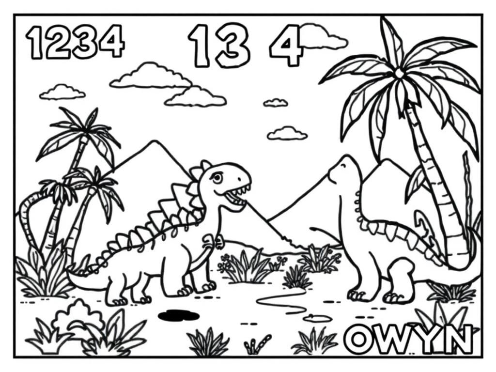 a happy place with dinosaurs and at the top the text "1234" and at the bottom the text "OWYN"