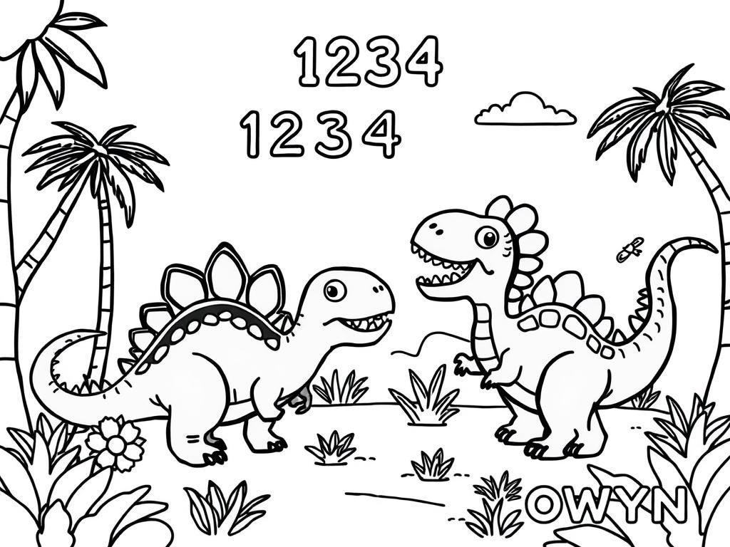 Preview of a happy place with dinosaurs and at the top the text "1234" and at the bottom the text "OWYN"