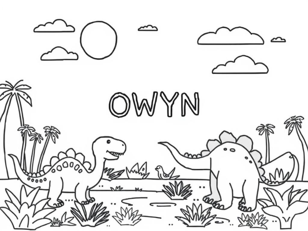 Preview of a happy place with dinosaurs and in the middle the text "OWYN"