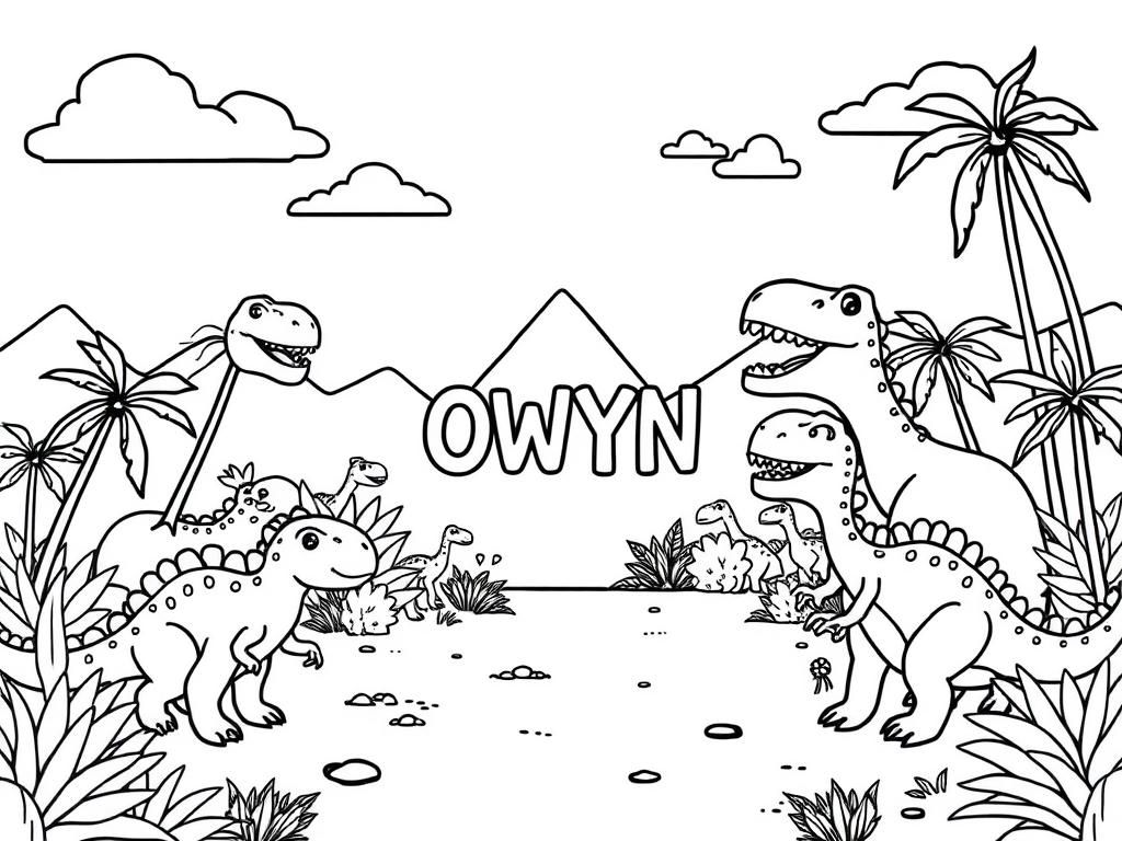 Preview of a happy place with dinosaurs and in the middle the text "OWYN"