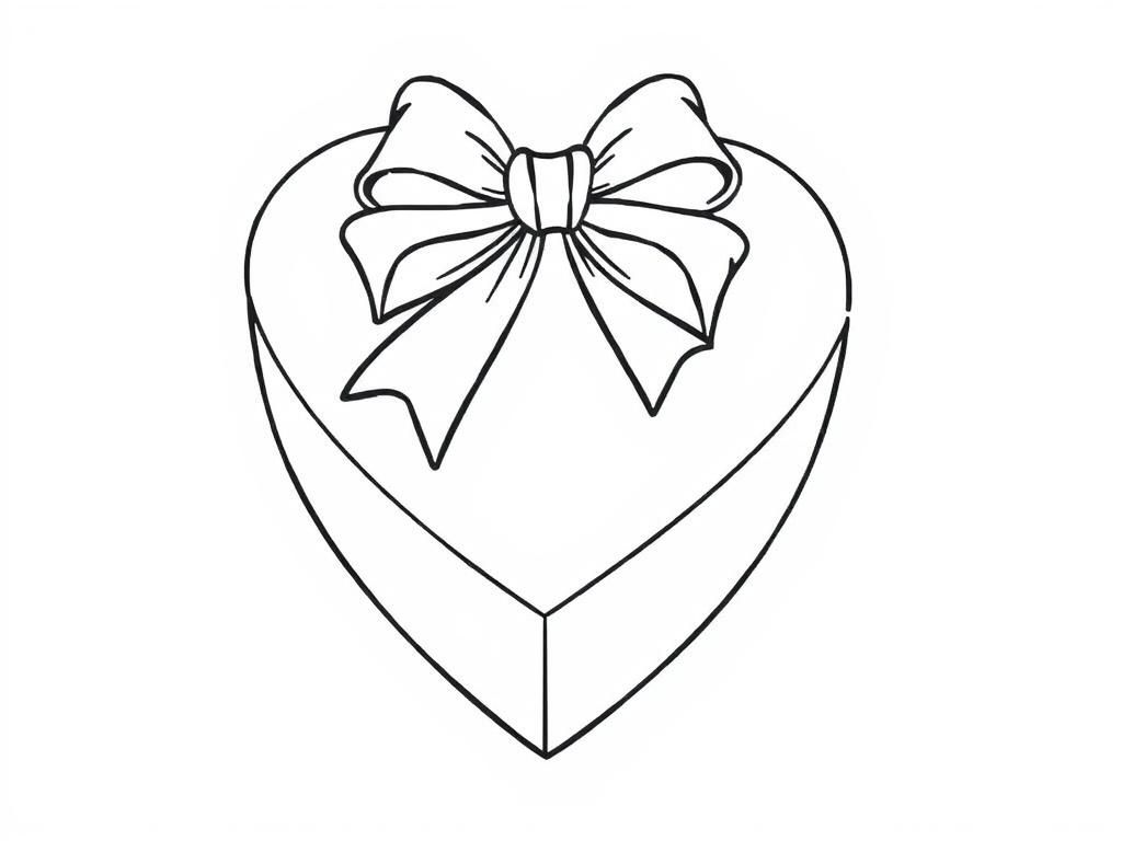 A heart-shaped box of chocolates with a big ribbon bow, perfect for a Valentines Day coloring page