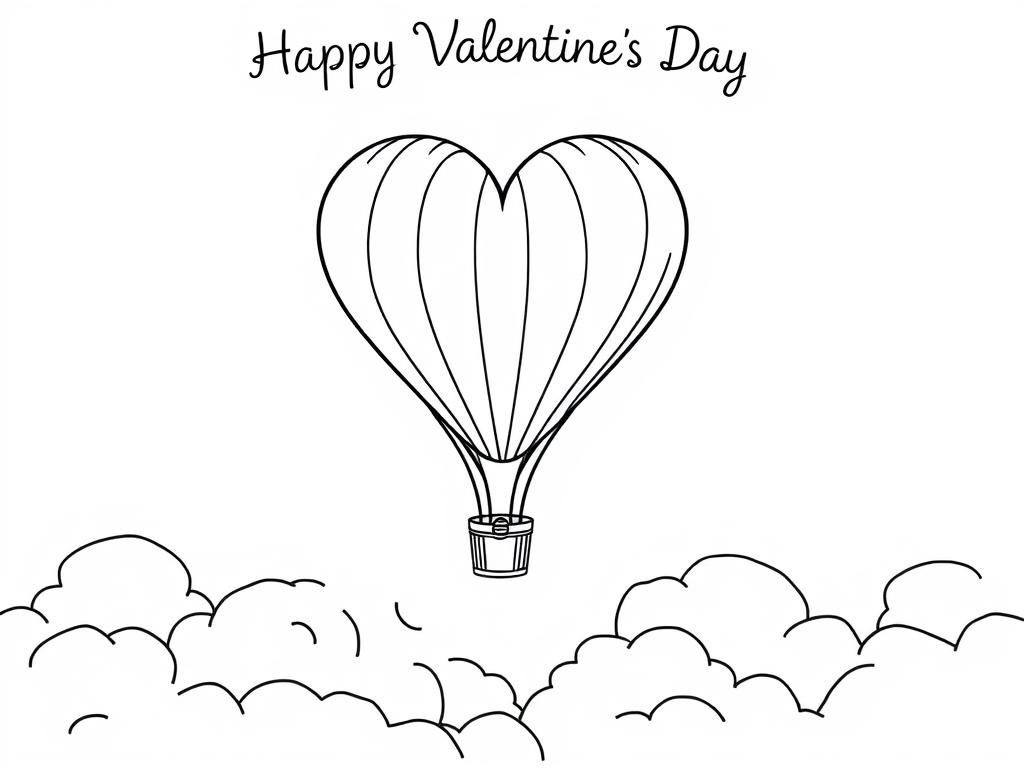 A heart-shaped hot air balloon floating above the clouds, making a whimsical Valentines Day coloring page